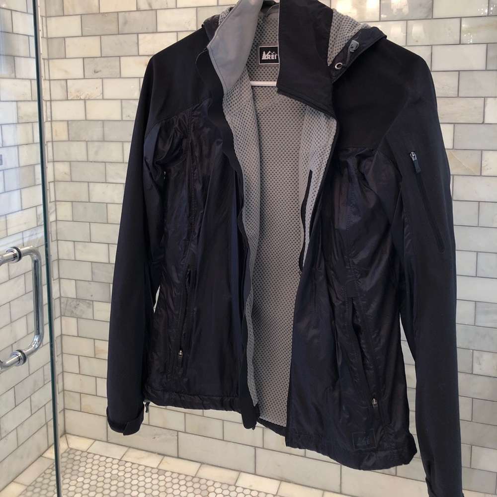 REI. Black. Rain jacket.